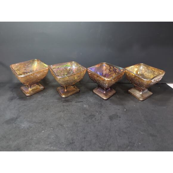 Indiana Amber Carnival Glass Bowl, Pedestal Dessert, Diamond Glassware, Set of 4 - Picture 3 of 10